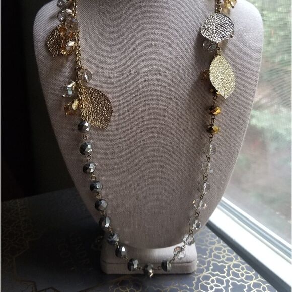 NWT M. Haskell Modern Gold Metallic Leaves Beaded Long Necklace Costume Jewelry - Picture 1 of 6